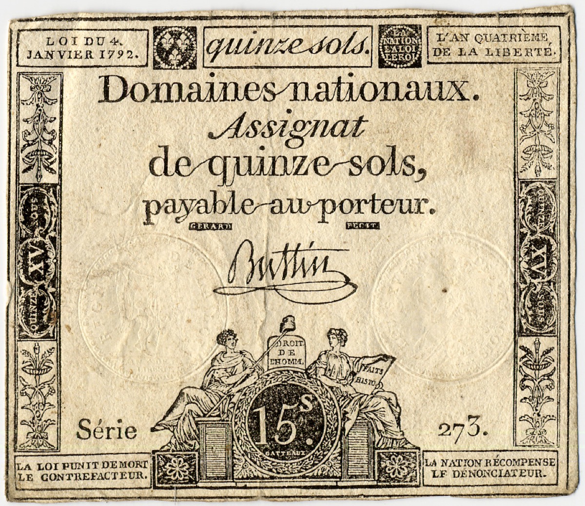 Engraved revolutionary banknote with central medallion and decorative borders, denomination fifteen sols