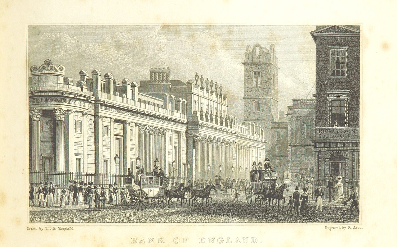 Engraving of the Bank of England's Threadneedle Street facade with horse-drawn carriages and pedestrians
