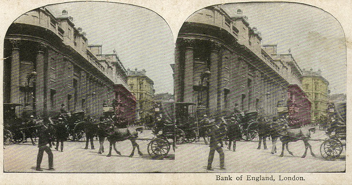 Stereoscopic photograph of the Bank of England exterior on Threadneedle Street, around 1900