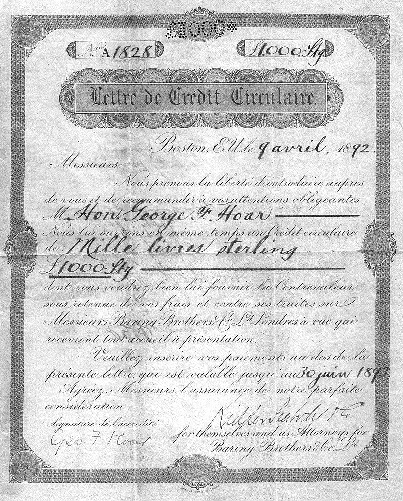 Engraved circular letter of credit issued by Baring Brothers in 1892 with serial numbering and signature lines