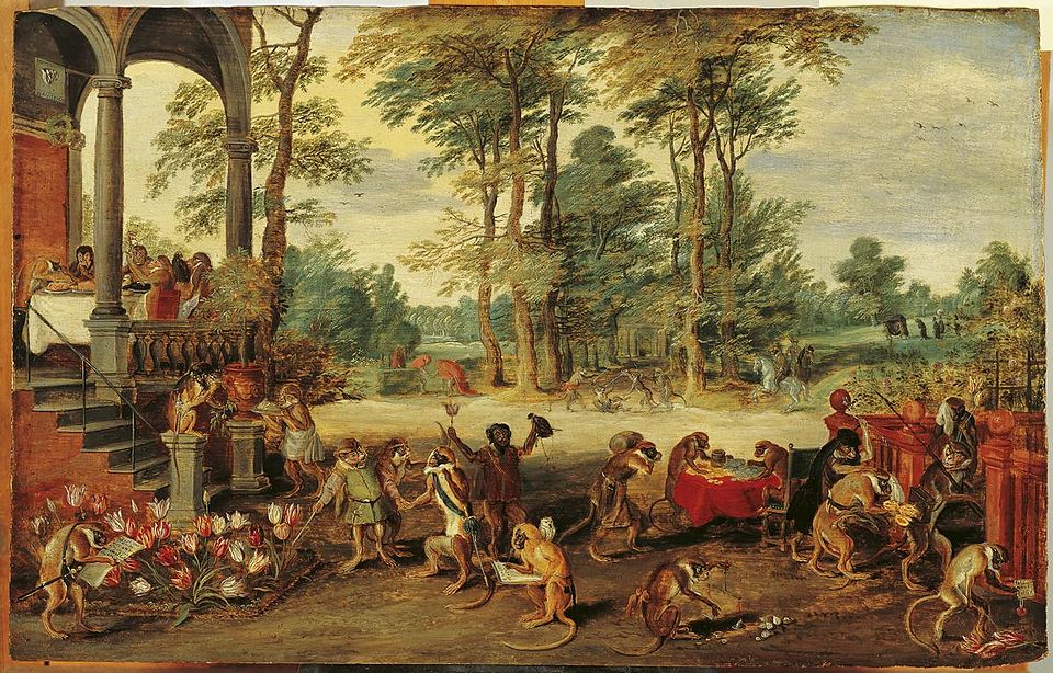 Satirical painting showing monkeys trading tulips, by Jan Brueghel the Younger