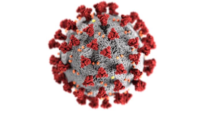 3D rendering of the SARS-CoV-2 virion showing the spike protein corona on a blue background