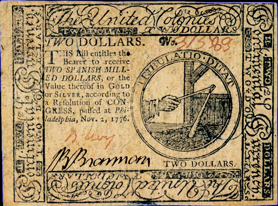 Engraved Continental Currency two-dollar banknote dated November 2, 1776, with intricate border and emblem