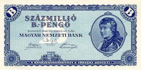 A Hungarian 100 million b.-pengo banknote from 1946 showing a peasant woman with sheaves of wheat in green ink on white paper, denomination one hundred million b-pengΕ