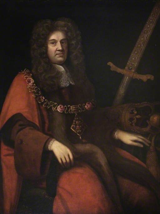 Three-quarter-length portrait of Sir John Houblon, a periwigged 17th-century merchant in dark coat and lace cravat