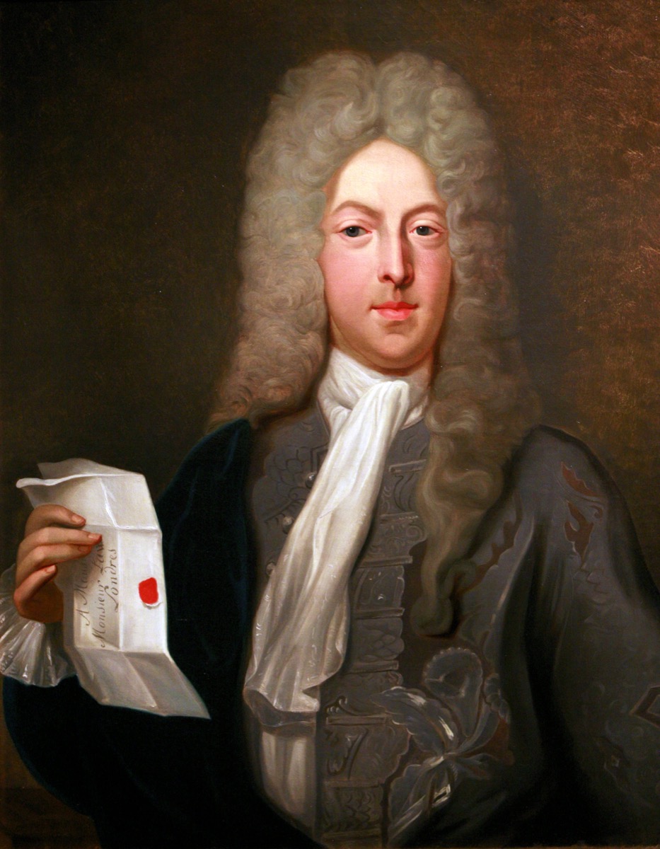 Oil portrait of John Law in a powdered wig and dark coat against a neutral background
