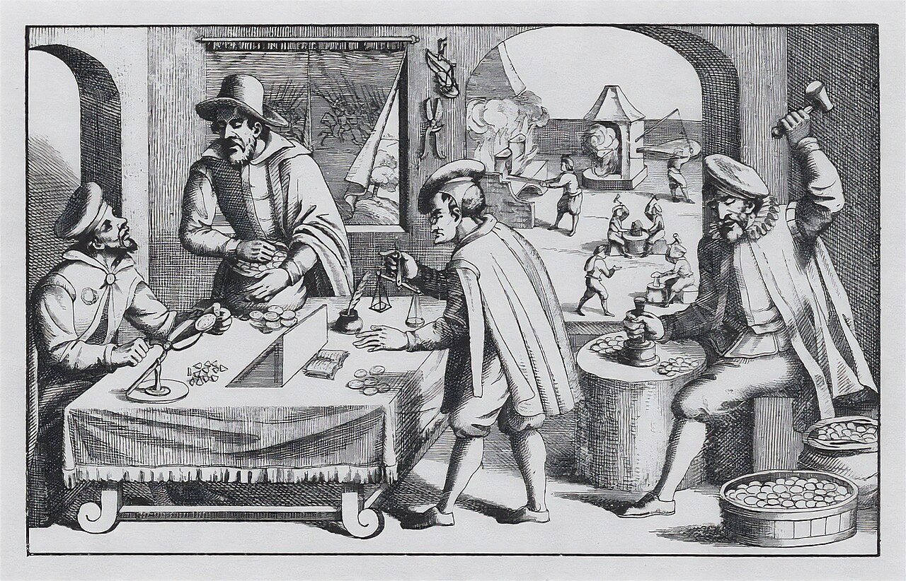 Seventeenth-century engraving showing money-changers at a wooden counter weighing and clipping coins, with bystanders watching the transactions.