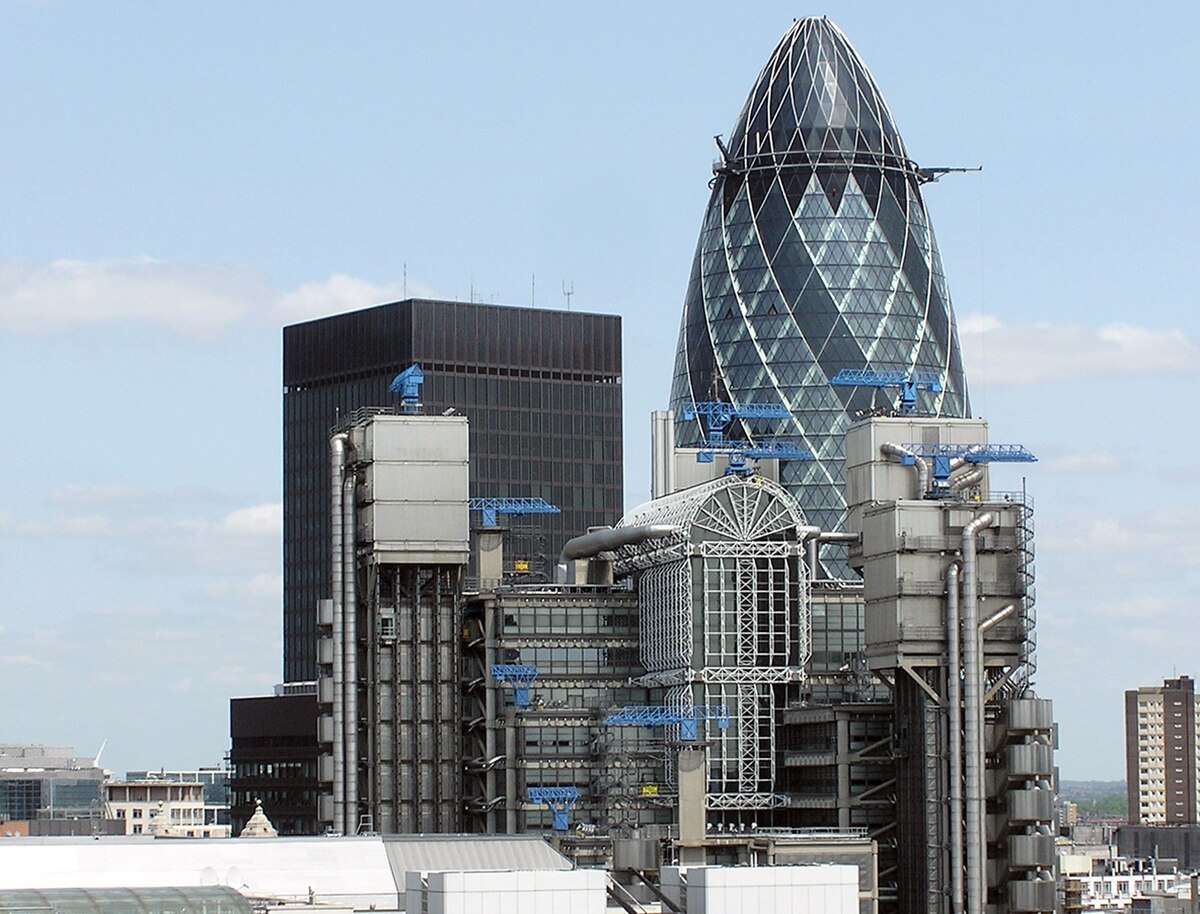 Exterior of the Lloyd's of London building, an inside-out steel and glass structure in the City of London