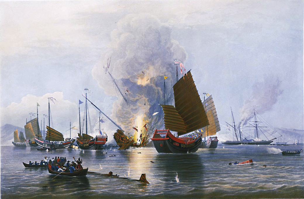 The British iron steamer Nemesis firing on Chinese war junks in a smoke-filled bay