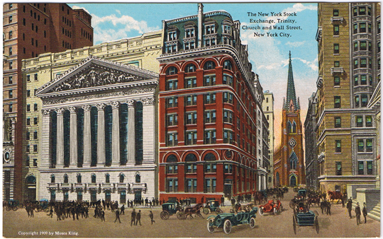 Photograph of the New York Stock Exchange building on Broad Street, around 1909