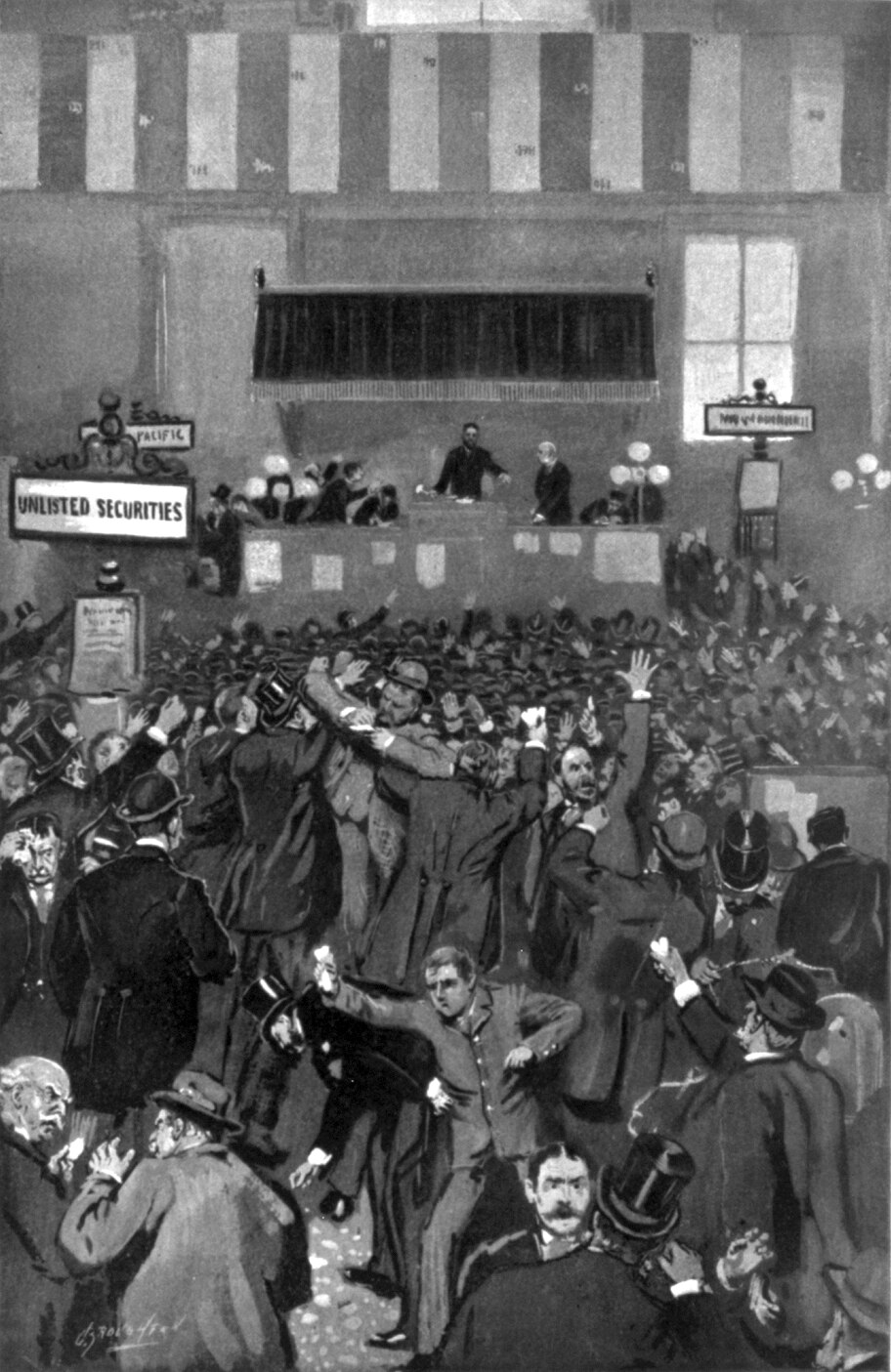 Engraving of frantic top-hatted brokers crowded around the trading floor of the New York Stock Exchange