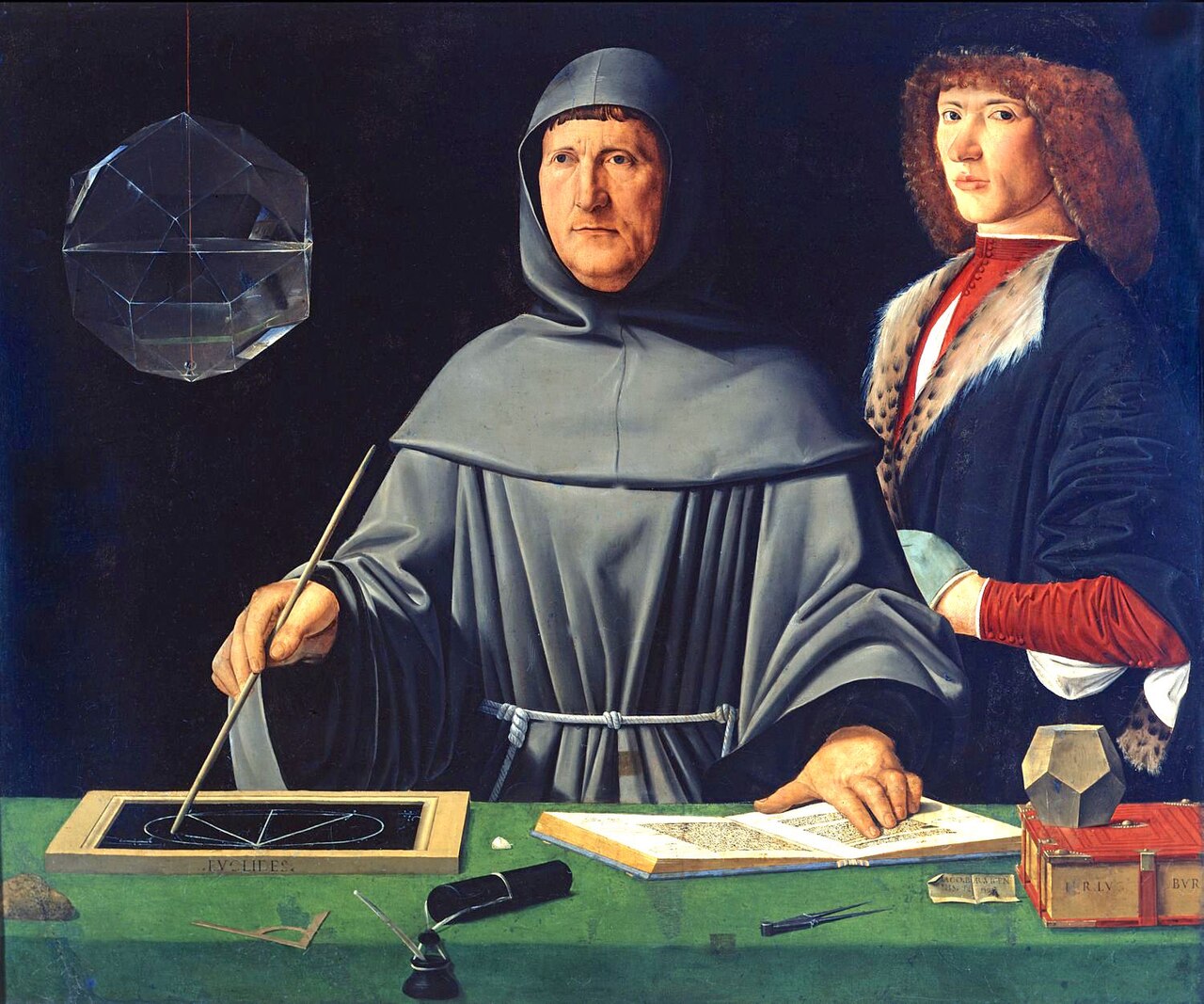 Renaissance portrait of a friar in robes standing at a table with geometric instruments and an open book, accompanied by a young nobleman.
