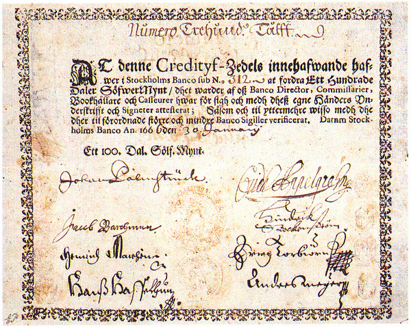 Printed Stockholms Banco kreditivsedel from 1666 with handwritten signatures and ornate engraved border, denominated in daler