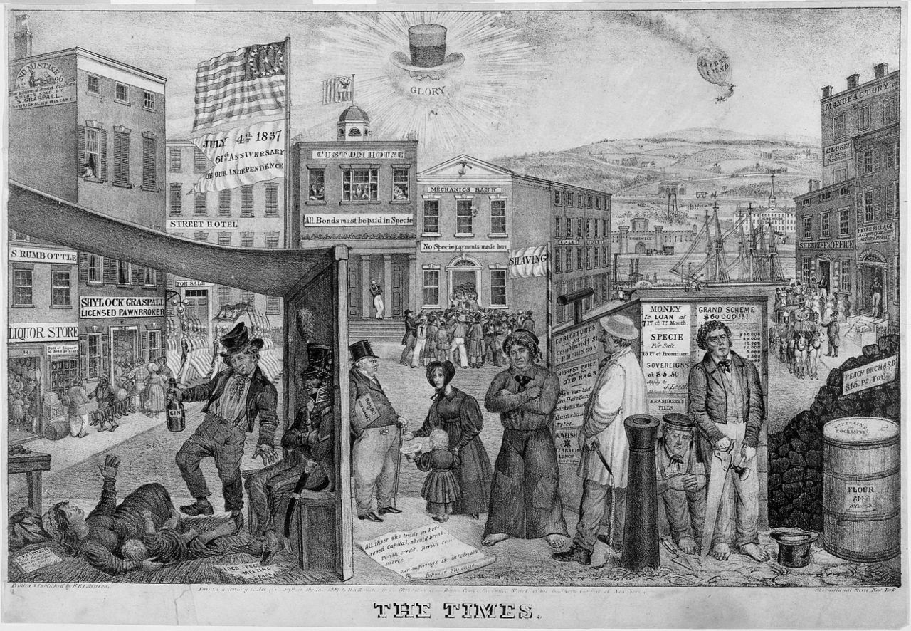Lithograph street scene of unemployed workers, beggars, and barefoot sailors during the 1837 economic depression