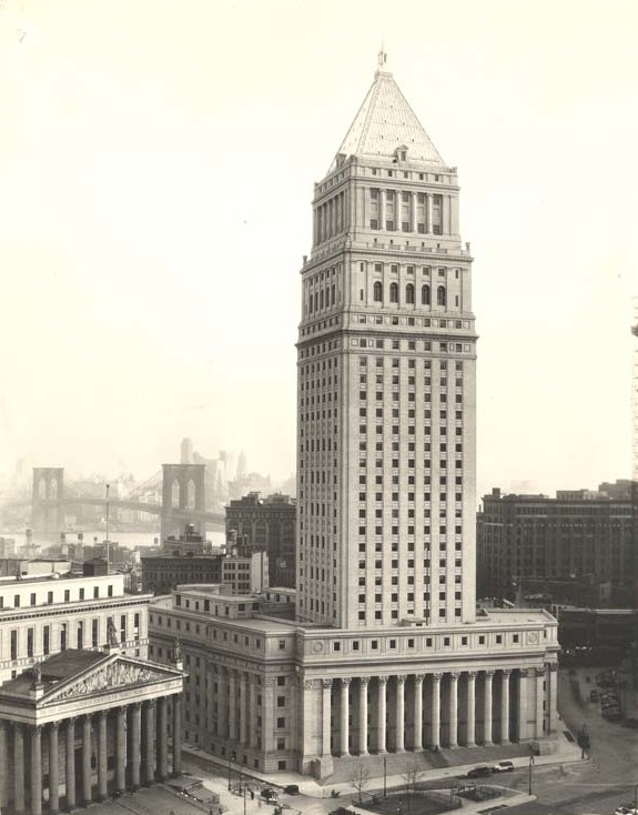 The Thurgood Marshall United States Courthouse at Foley Square in lower Manhattan, a tall stepped building with classical colonnade