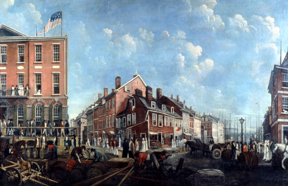 Painted street scene of New York's Tontine Coffee House on a busy corner with sailing-ship masts in the distance
