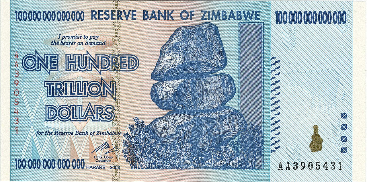 Obverse of a Zimbabwe one hundred trillion dollar banknote dated 2008