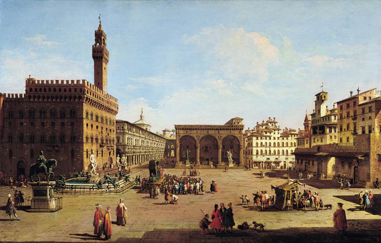 Eighteenth-century engraving of Florence's Piazza della Signoria, with the Palazzo Vecchio tower rising over a crowded civic square.